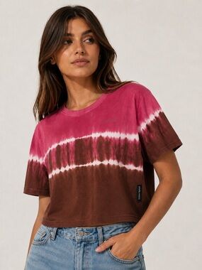 BEBE Sport Women's Tie Dye Short Sleeve Crop  T-shirt Brown Pink Size M NWT